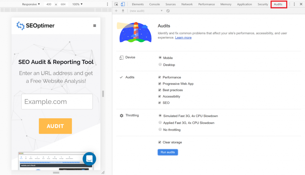 seoptimer's audit tool for webpage load time